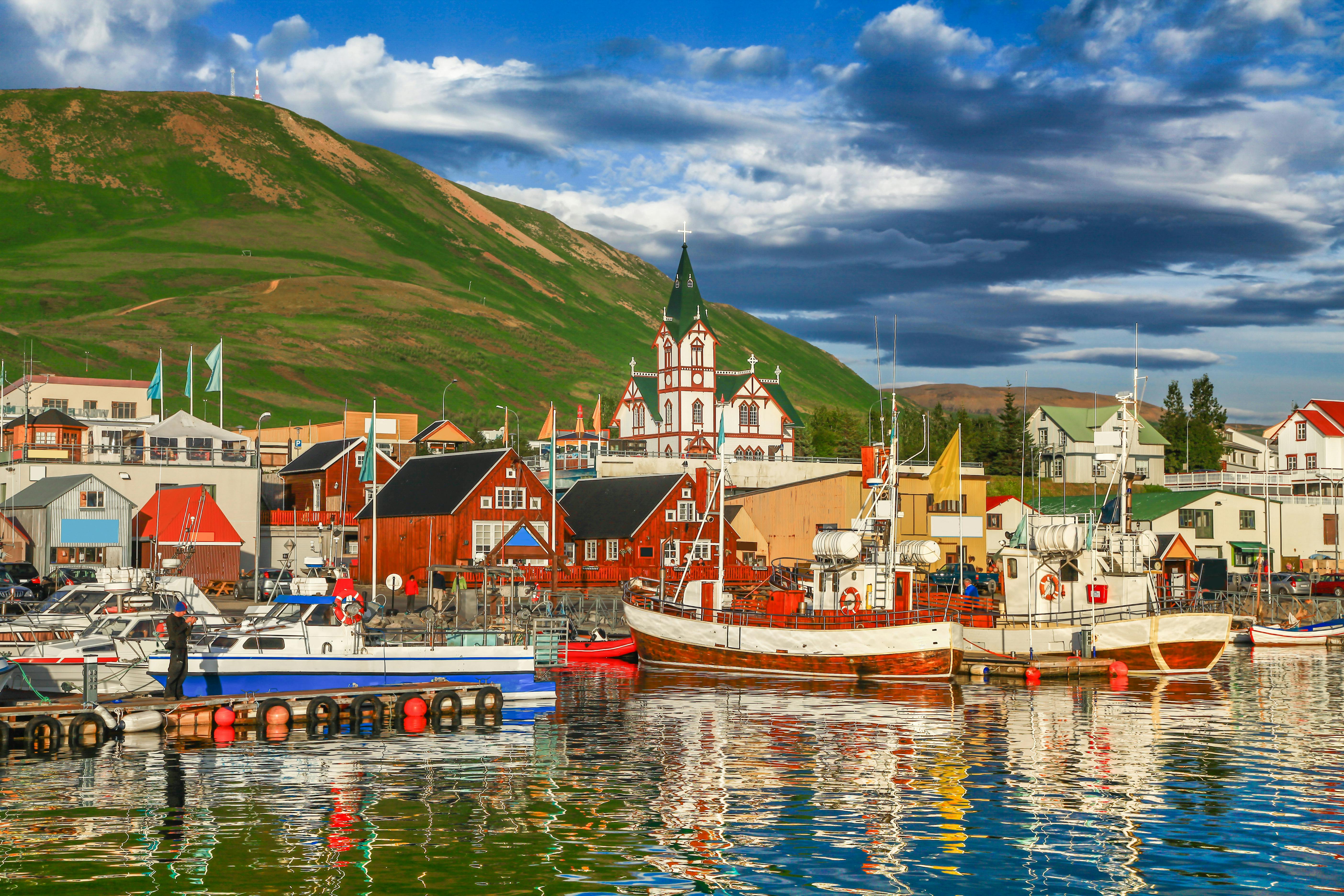 Reykjavik iceland landscape image of small boats