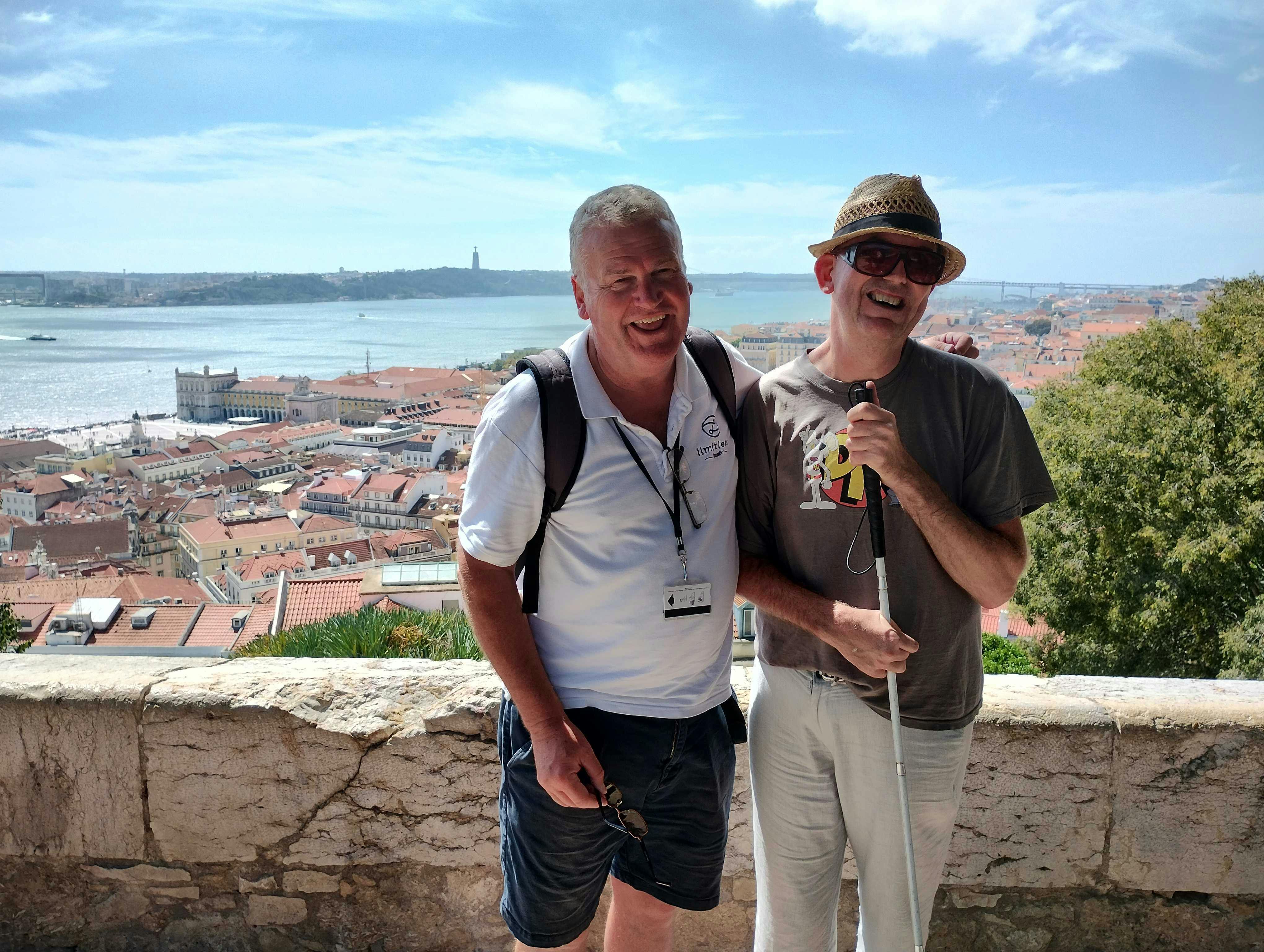 Customer and Limitless staff exploring the port of Lisbon, Portugal, on a cruise excursion