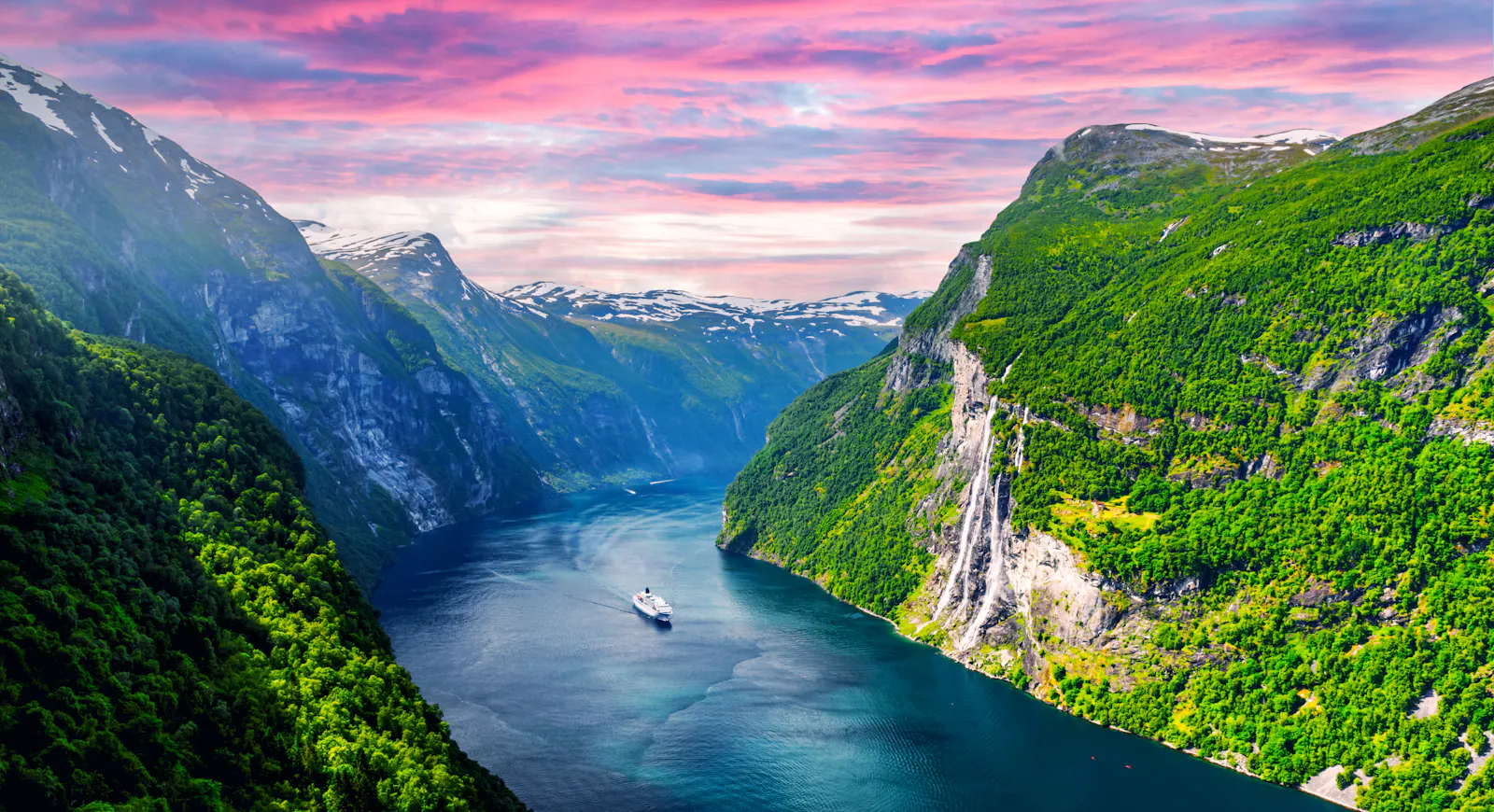Norway Fjords with cruise ship sailing through