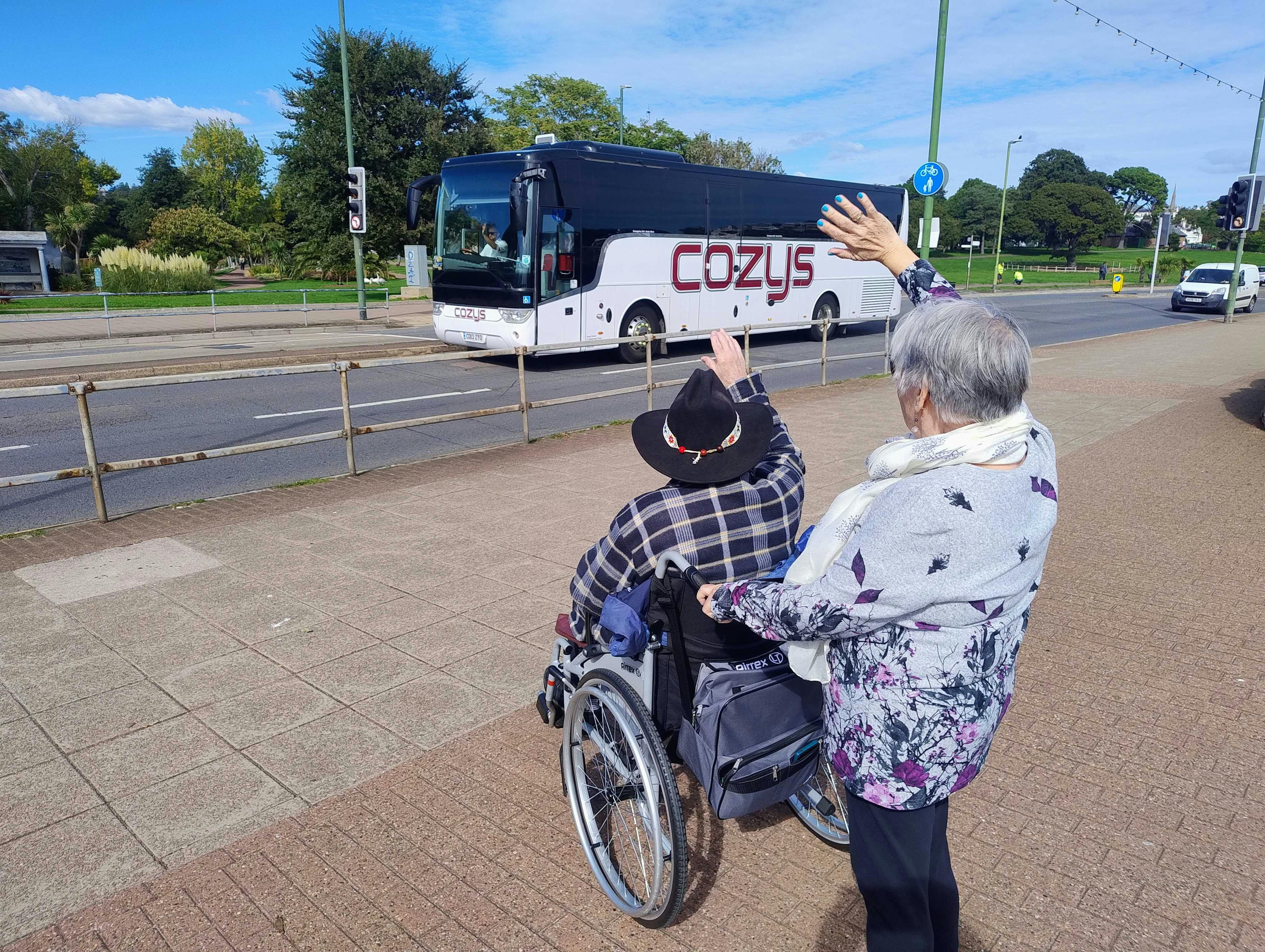 Customers waving to coach in Devon
