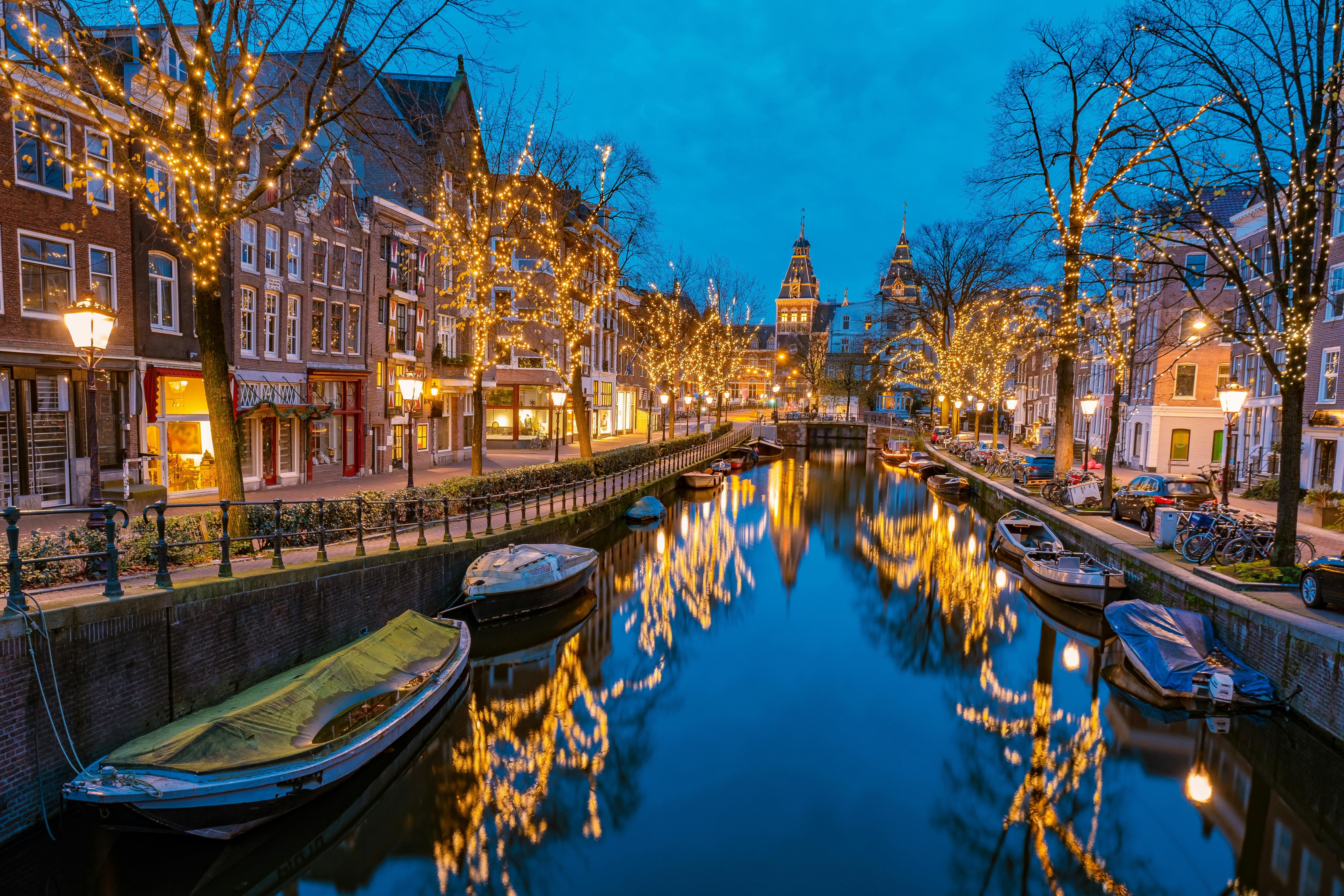 Amsterdam at Christmas with festive lights