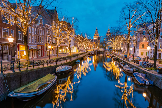 Amsterdam at Christmas with festive lights